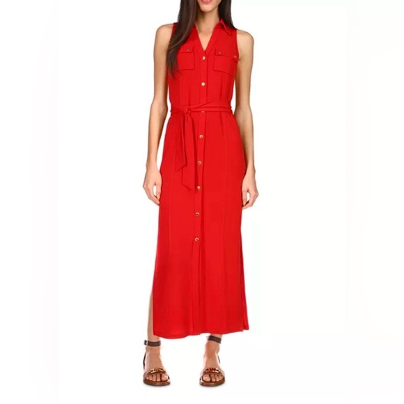 Michael Kors Dresses & Skirts - NWT Michael Kors Maxi Button Down Belted Sleeveless Shirt Dress Dark Persimmon M